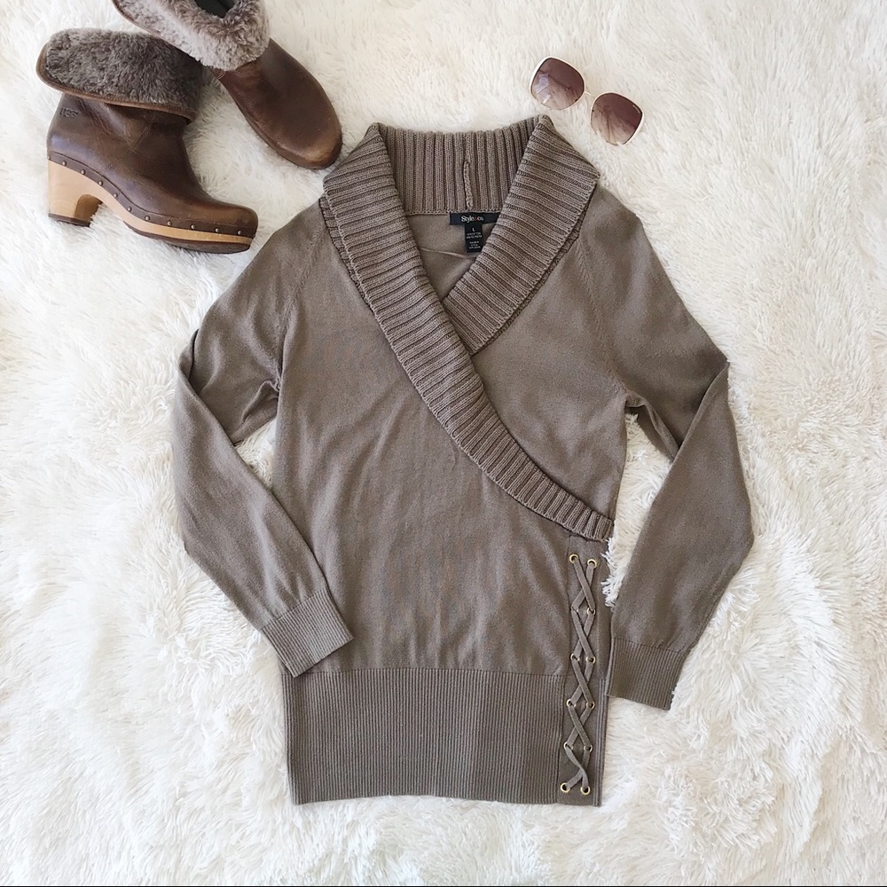 Style & Co tan shawl collar sweater lace u…